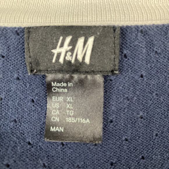 H&M Cardigan Sweater Mens XL Blue Red White Button Up Lightweight Organic Cotton - Picture 2 of 14